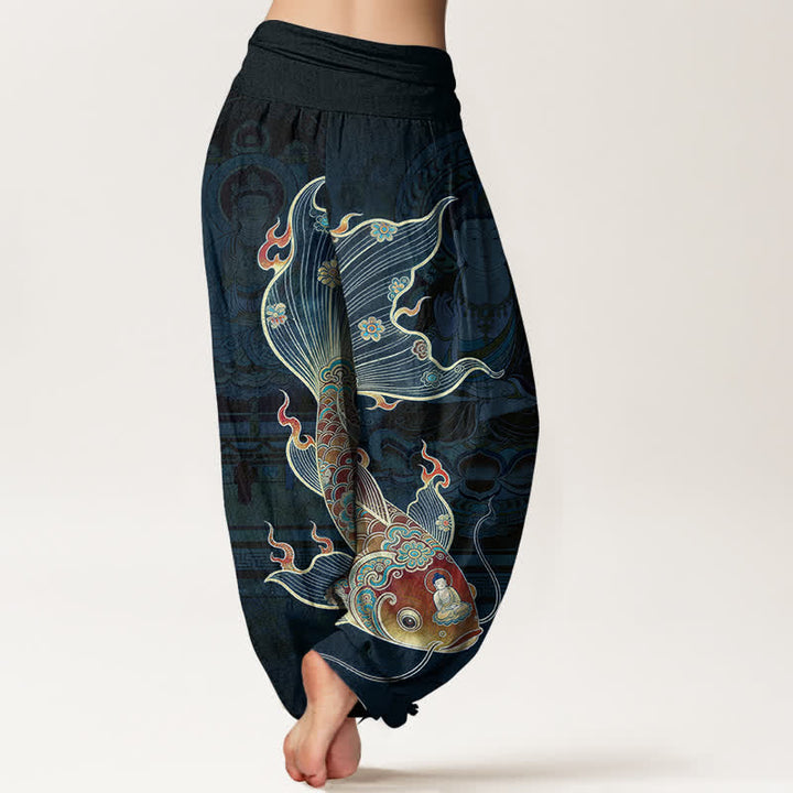 Buddha Stones Pantalones harem de algodón con estampado de peces koi y Guanyin para mujer con cintura elástica. - image 10