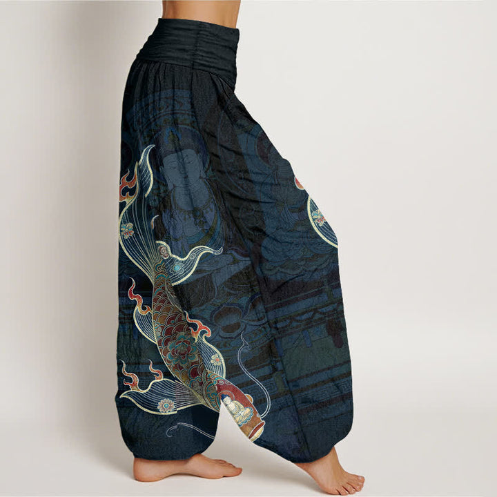 Buddha Stones Pantalones harem de algodón con estampado de peces koi y Guanyin para mujer con cintura elástica. - image 9