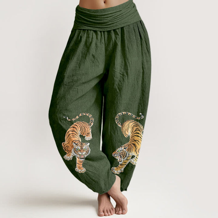 Buddha Stones Pantalones harem de algodón con estampado de tigre majestuoso para mujer con cintura elástica. - Verde bosque - US16，UK/AU20，EU48 (3XL) - image 0