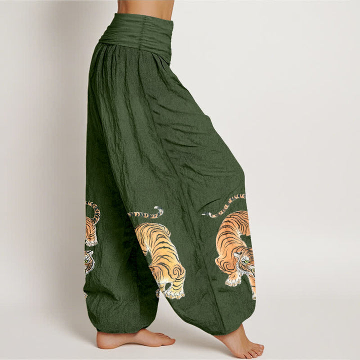 Buddha Stones Pantalones harem de algodón con estampado de tigre majestuoso para mujer con cintura elástica. - image 2
