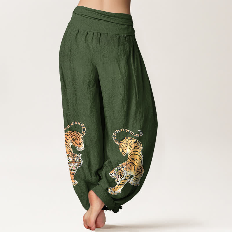 Buddha Stones Pantalones harem de algodón con estampado de tigre majestuoso para mujer con cintura elástica. - image 1
