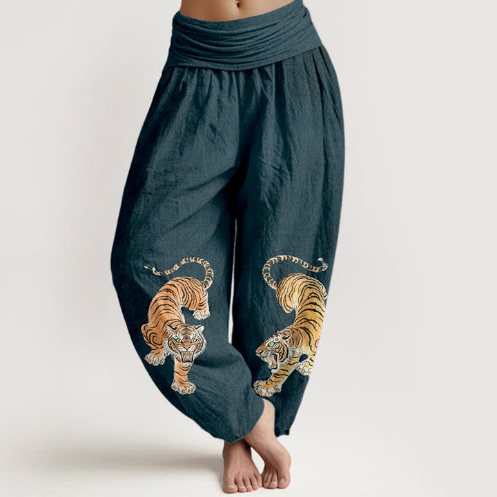 Buddha Stones Pantalones harem de algodón con estampado de tigre majestuoso para mujer con cintura elástica. - Azul acero - US16，UK/AU20，EU48 (3XL) - image 5