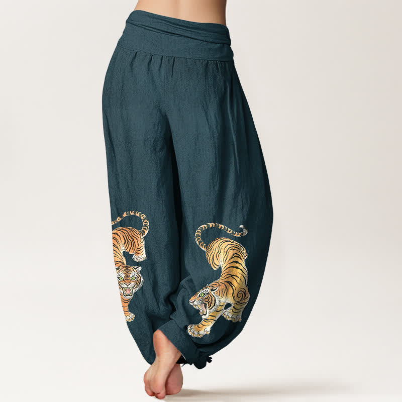 Buddha Stones Pantalones harem de algodón con estampado de tigre majestuoso para mujer con cintura elástica. - image 7