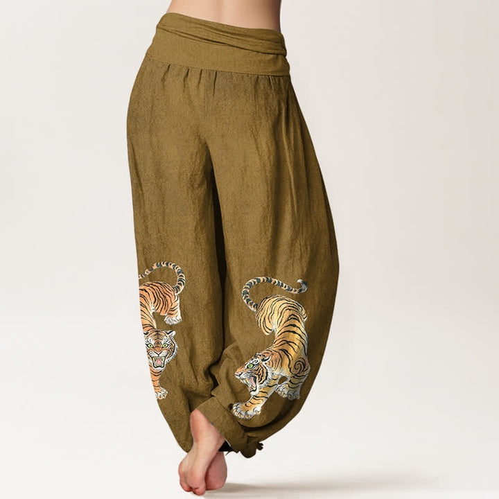Buddha Stones Pantalones harem de algodón con estampado de tigre majestuoso para mujer con cintura elástica. - image 10
