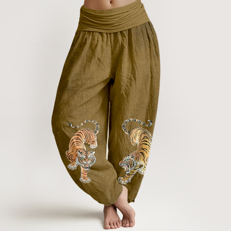 Buddha Stones Pantalones harem de algodón con estampado de tigre majestuoso para mujer con cintura elástica. - Vara de oro oscura - US16，UK/AU20，EU48 (3XL) - image 8