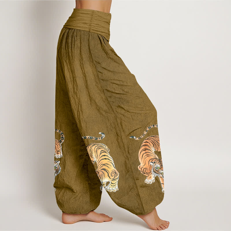 Buddha Stones Pantalones harem de algodón con estampado de tigre majestuoso para mujer con cintura elástica. - image 9