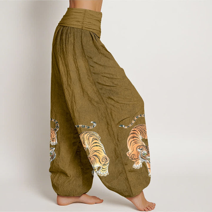 Buddha Stones Pantalones harem de algodón con estampado de tigre majestuoso para mujer con cintura elástica. - image 9