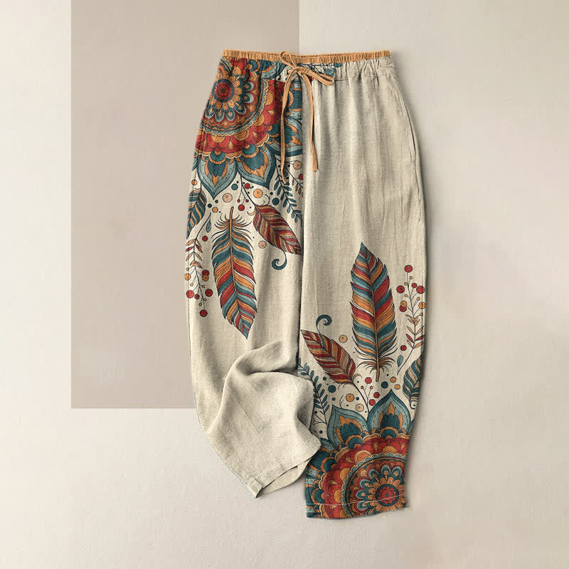 Buddha Stones Pantalones de mujer de algodón puro con elegante estampado floral bohemio, cintura elástica y bolsillos. - Rojo - US16，UK/AU20，EU48 (3XL) - image 0