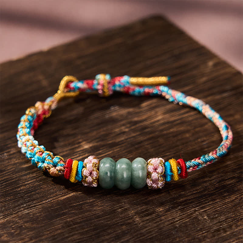 Buddha Stones Pulsera de cuerda de jade multicolor con flor de durazno tejida a mano para la buena suerte - Rosa (Circunferencia de la muñeca: 15-19 cm) - image 0