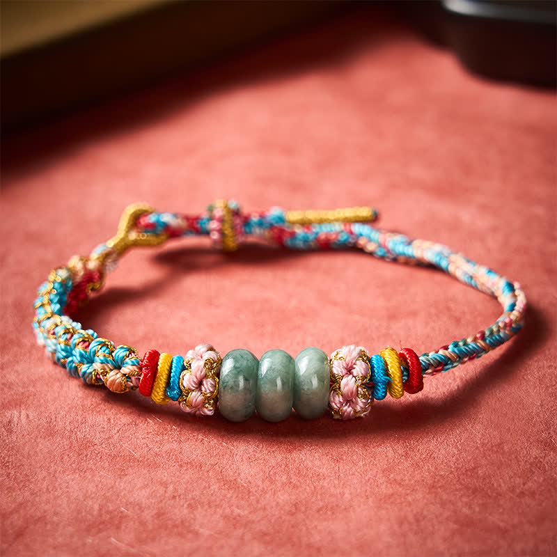 Buddha Stones Pulsera de cuerda de jade multicolor con flor de durazno tejida a mano para la buena suerte - image 1