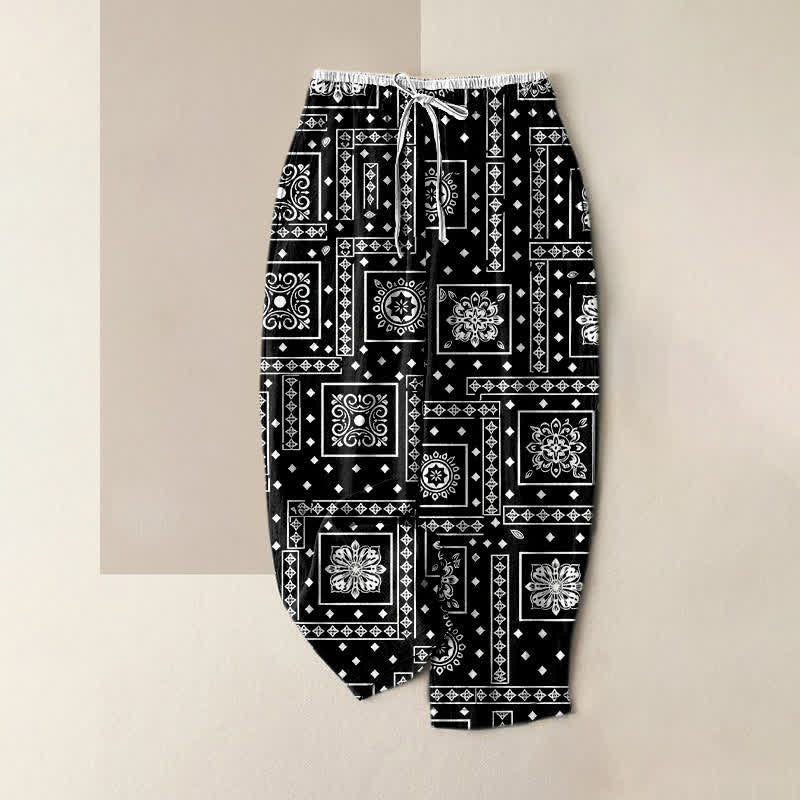 Buddha Stones Pantalones de mujer de algodón puro con estampado de pañuelo vintage y patchwork, cintura elástica y bolsillos. - Negro - US16，UK/AU20，EU48 (3XL) - image 0