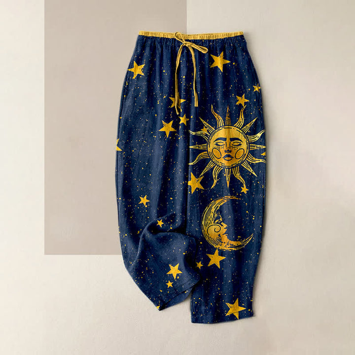 Buddha Stones Pantalones de mujer de algodón puro con estampado de luna y sol místicos, cintura elástica y bolsillos. - Marina de guerra - US16，UK/AU20，EU48 (3XL) - image 0