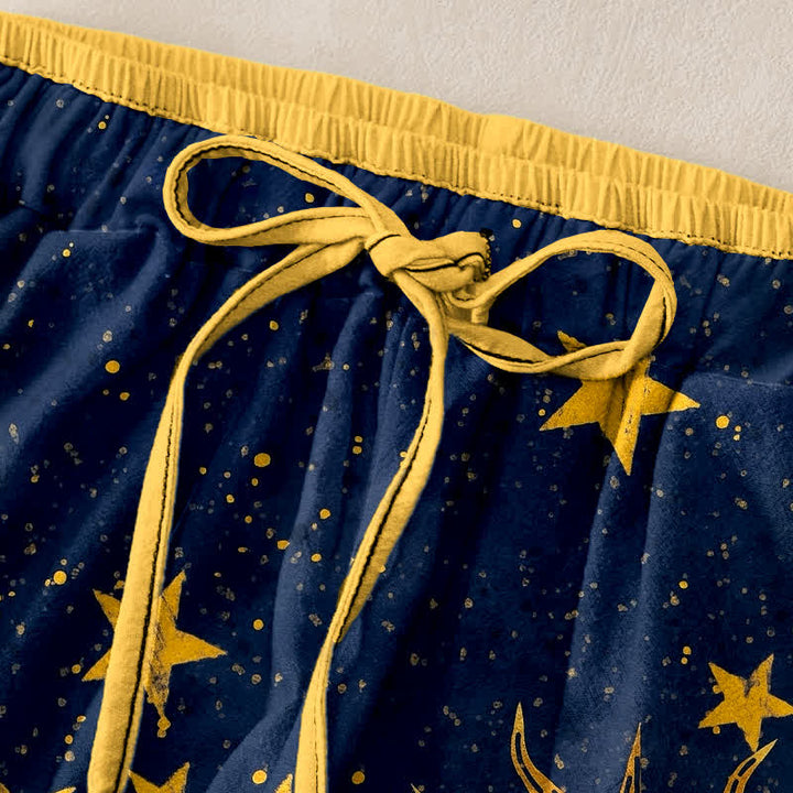 Buddha Stones Pantalones de mujer de algodón puro con estampado de luna y sol místicos, cintura elástica y bolsillos. - image 1