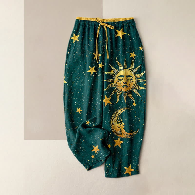 Buddha Stones Pantalones de mujer de algodón puro con estampado de luna y sol místicos, cintura elástica y bolsillos. - Verde azulado - US16，UK/AU20，EU48 (3XL) - image 4