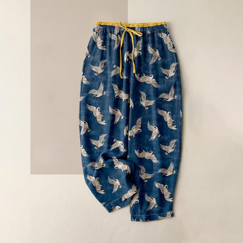 Buddha Stones Pantalones de mujer de algodón puro con elegante estampado de grullas, cintura elástica y bolsillos. - Marina de guerra - US16，UK/AU20，EU48 (3XL) - image 0
