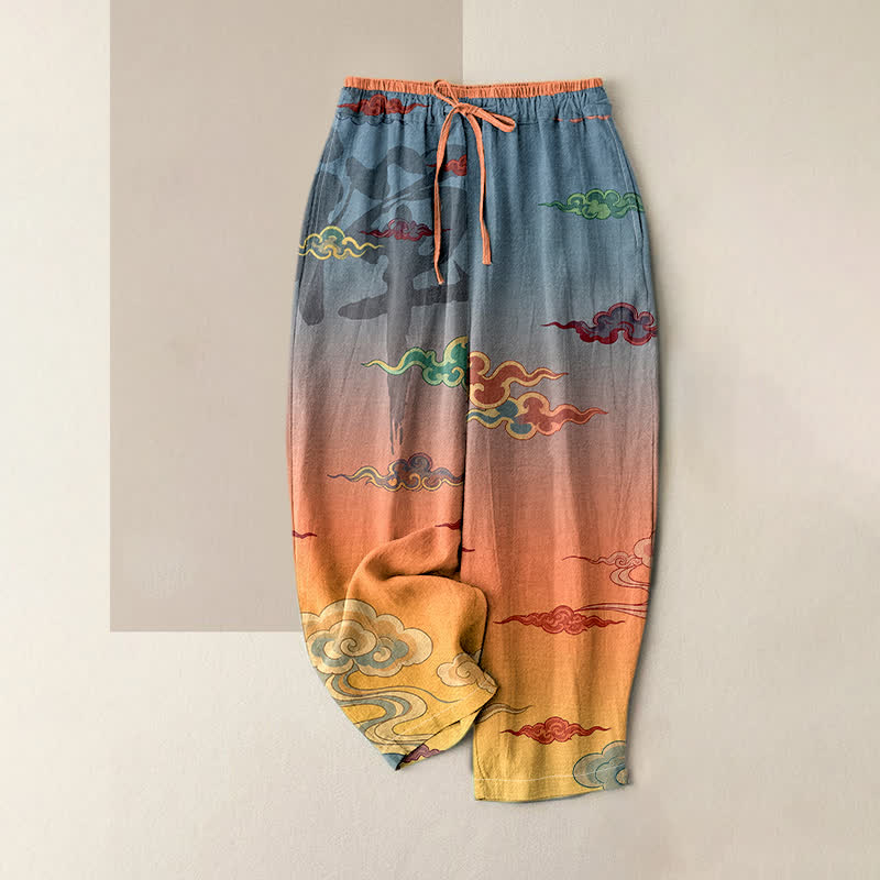 Buddha Stones Pantalones de mujer de algodón puro con estampado tradicional de nubes, cintura elástica y bolsillos. - Coral - US16，UK/AU20，EU48 (3XL) - image 0