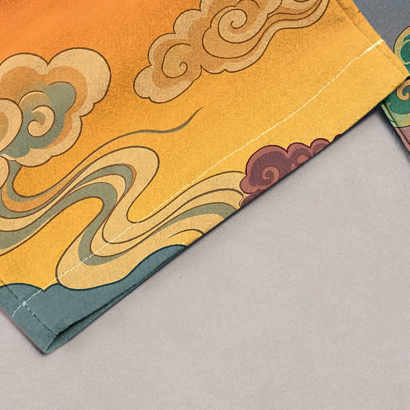 Buddha Stones Pantalones de mujer de algodón puro con estampado tradicional de nubes, cintura elástica y bolsillos. - image 1