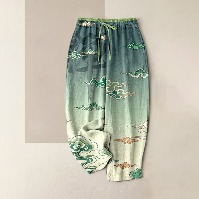 Buddha Stones Pantalones de mujer de algodón puro con estampado tradicional de nubes, cintura elástica y bolsillos. - Aguamarina medio - US16，UK/AU20，EU48 (3XL) - image 3