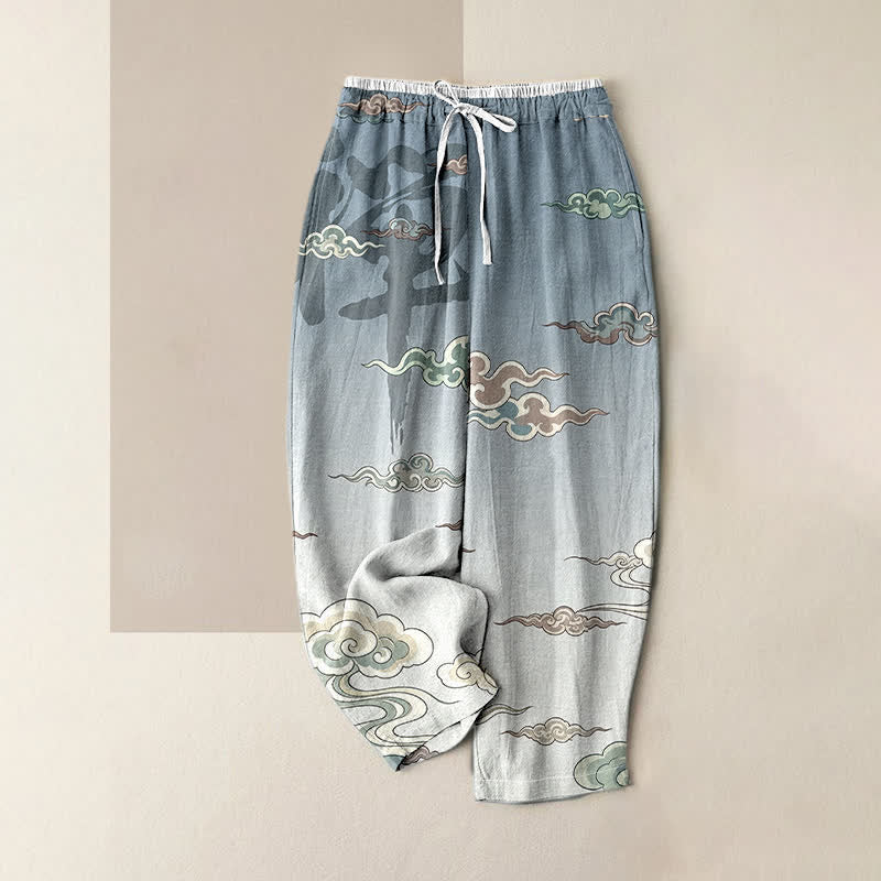 Buddha Stones Pantalones de mujer de algodón puro con estampado tradicional de nubes, cintura elástica y bolsillos. - Azul claro - US16，UK/AU20，EU48 (3XL) - image 4