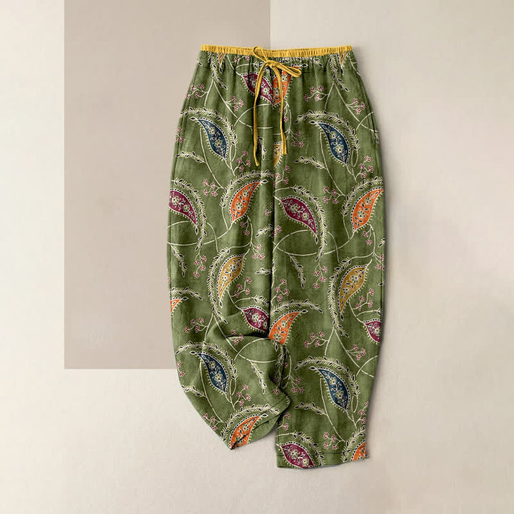 Buddha Stones Pantalones de mujer de algodón puro con estampado étnico floral tipo cachemir, cintura elástica y bolsillos. - Verde oliva - US16，UK/AU20，EU48 (3XL) - image 0