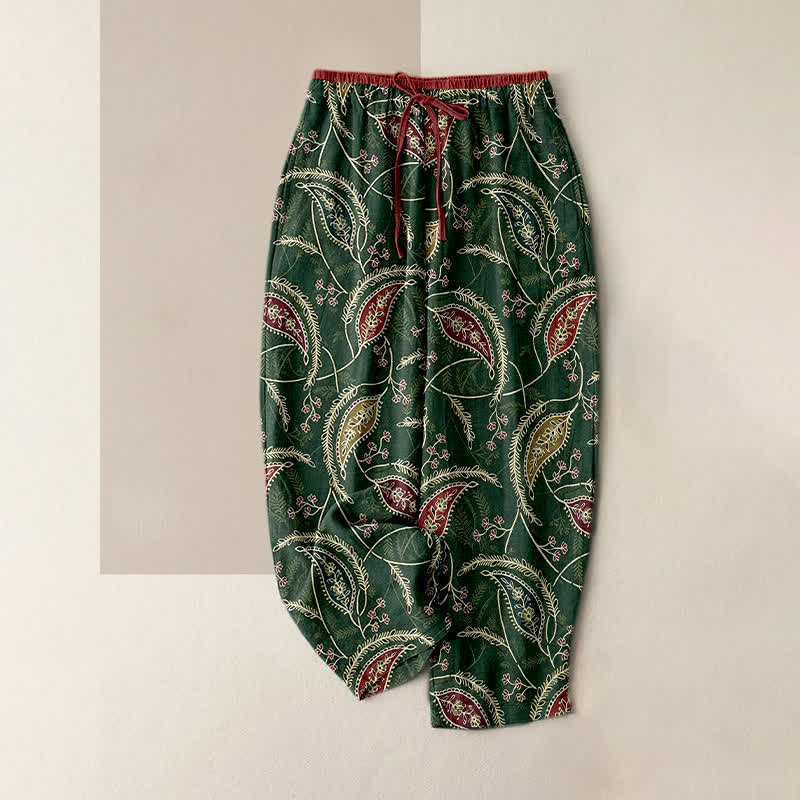Buddha Stones Pantalones de mujer de algodón puro con estampado étnico floral tipo cachemir, cintura elástica y bolsillos. - Verde oscuro - US16，UK/AU20，EU48 (3XL) - image 4