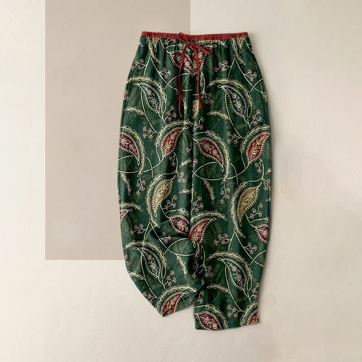Buddha Stones Pantalones de mujer de algodón puro con estampado étnico floral tipo cachemir, cintura elástica y bolsillos. - Verde oscuro - US16，UK/AU20，EU48 (3XL) - image 4