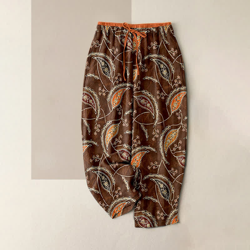 Buddha Stones Pantalones de mujer de algodón puro con estampado étnico floral tipo cachemir, cintura elástica y bolsillos. - Marrón silla de montar - US16，UK/AU20，EU48 (3XL) - image 5