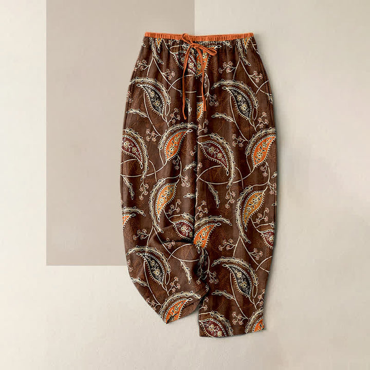 Buddha Stones Pantalones de mujer de algodón puro con estampado étnico floral tipo cachemir, cintura elástica y bolsillos. - Marrón silla de montar - US16，UK/AU20，EU48 (3XL) - image 5