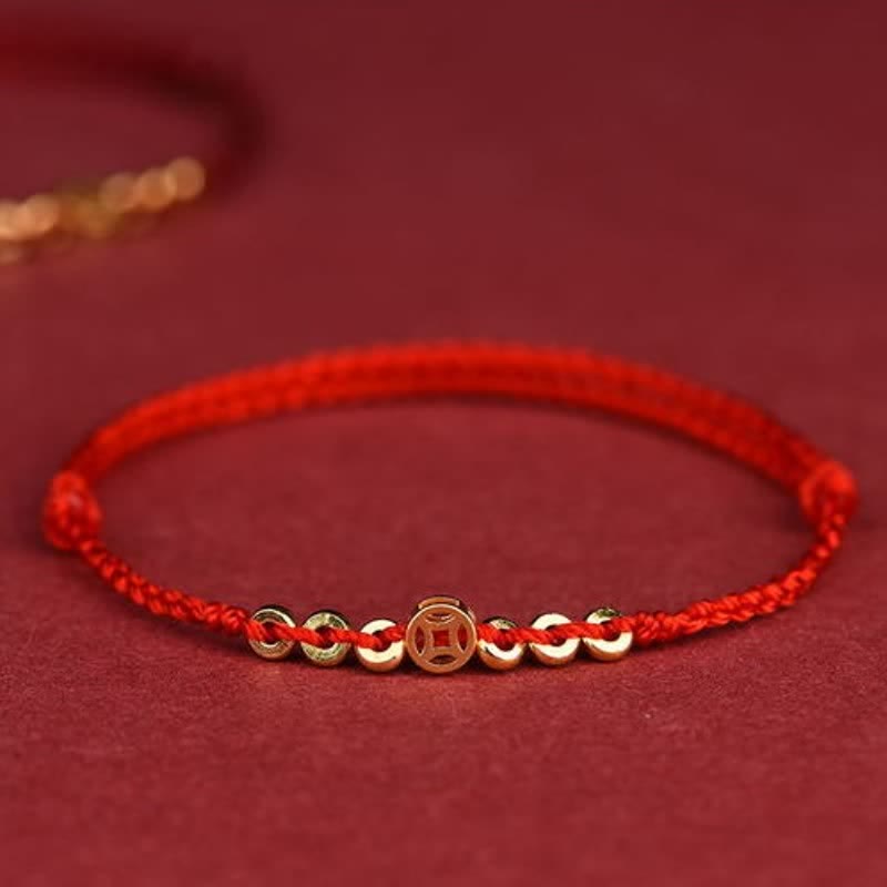 Buddha Stones Pulsera de la buena fortuna con moneda redonda china y cordón trenzado rojo - Rojo (Circunferencia de la muñeca: 16–19 cm) - image 0