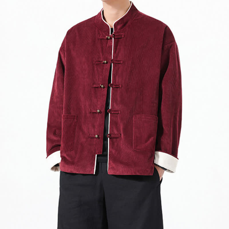 Buddha Stones Chaquetas de pana lisas para hombre con bolsillos, estilo vintage Tang, botones de rana, ideales para otoño e invierno. - image 1