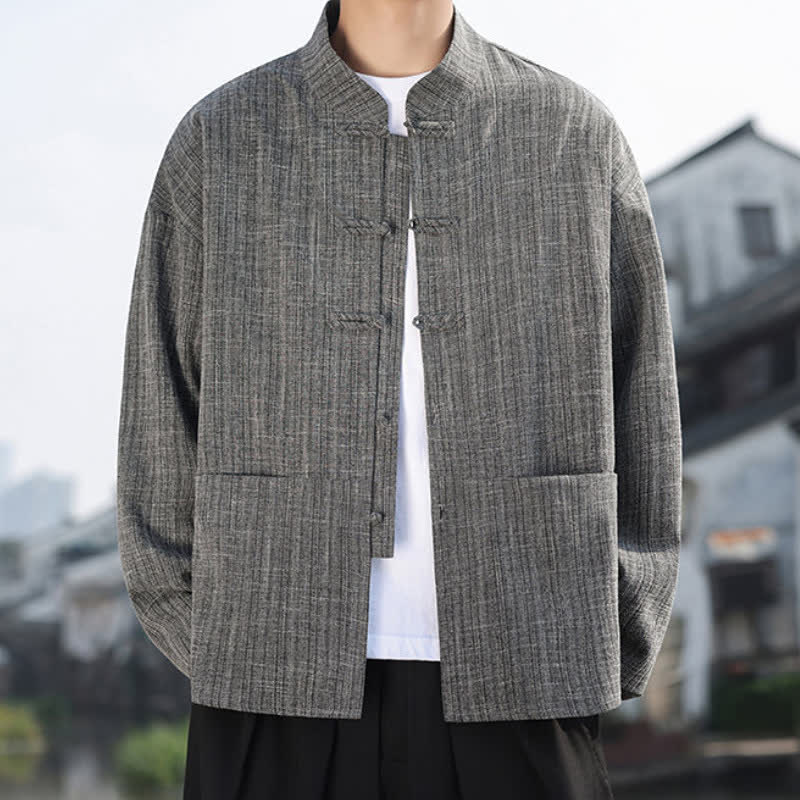 Buddha Stones Chaqueta informal de hombre estilo Tang para otoño/invierno con botones de rana y bolsillos. - image 1