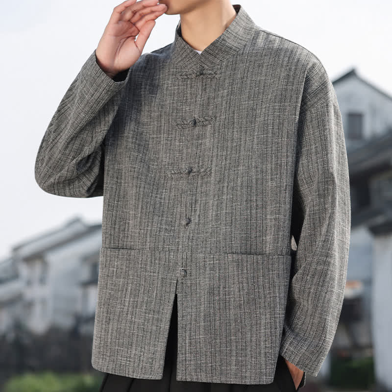 Buddha Stones Chaqueta informal de hombre estilo Tang para otoño/invierno con botones de rana y bolsillos. - Gris - US/UK/AU46, EU56 (5XL) - image 0