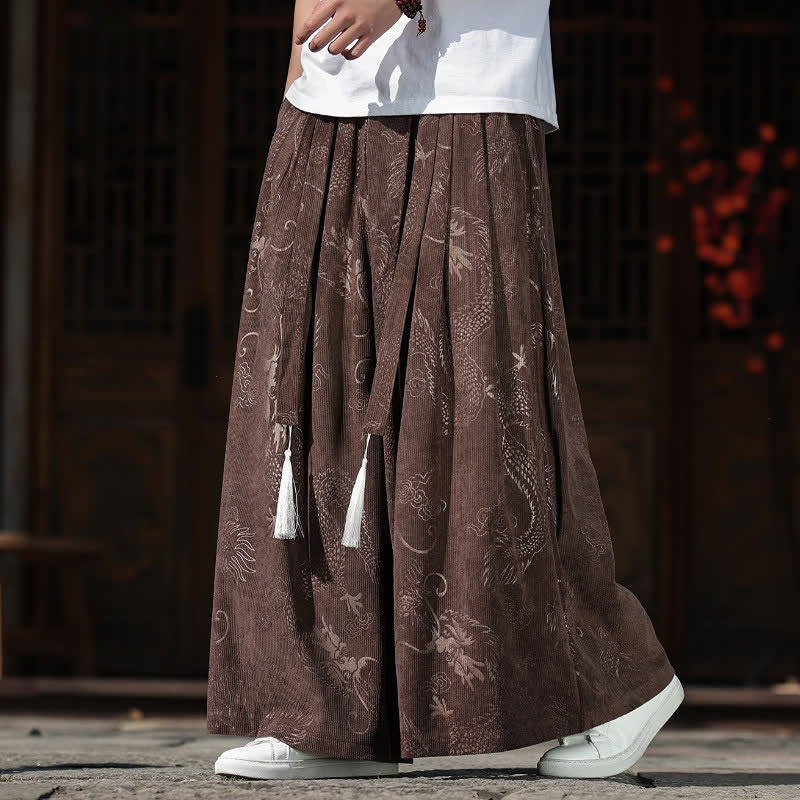Buddha Stones Pantalones tobilleros de manga ancha para hombre con cordón ajustable y estampado de dragón, estilo vintage para otoño/invierno, con bolsillos. - Marrón silla de montar - US/UK/AU46, EU56 (5XL) - image 0