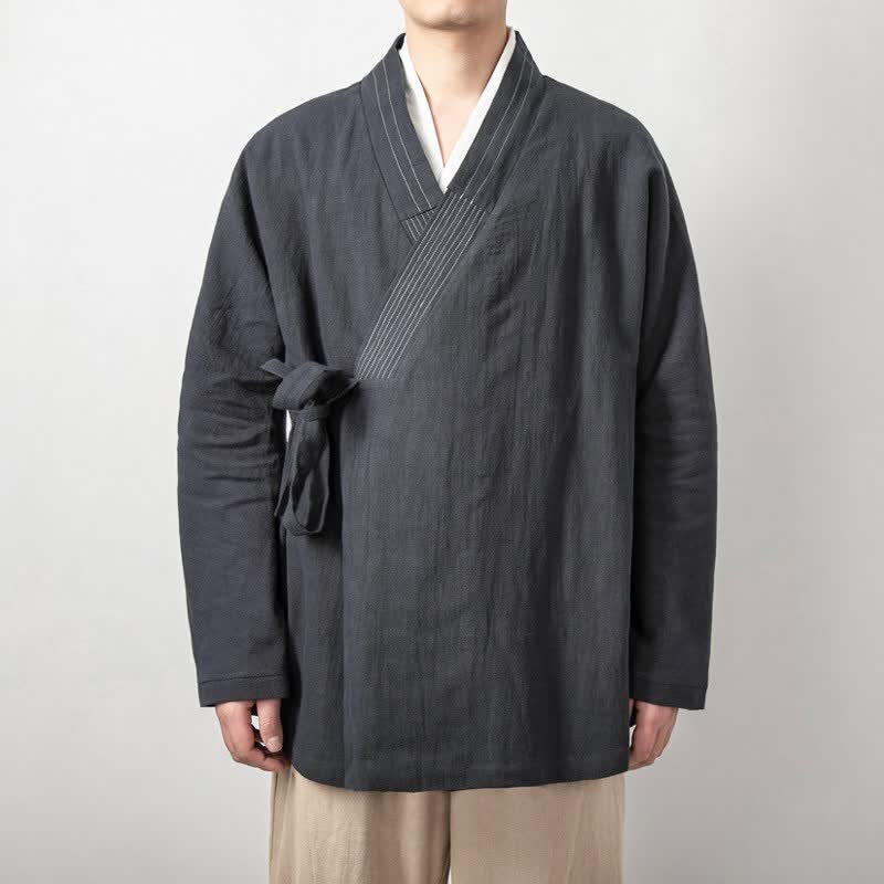 Buddha Stones Kimono de hombre de ramio liso con cordón ajustable, estilo vintage, para otoño - Gris pizarra claro - US/UK/AU44, EU54 (4XL) - image 0