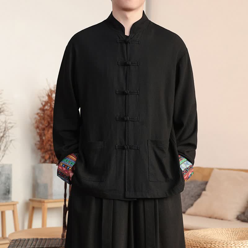 Buddha Stones Camisas de manga larga para hombre de algodón y lino, estilo casual, con botones de rana y bolsillo, estilo Tang otoñal. - Negro - US/UK/AU46, EU56 (5XL) - image 0