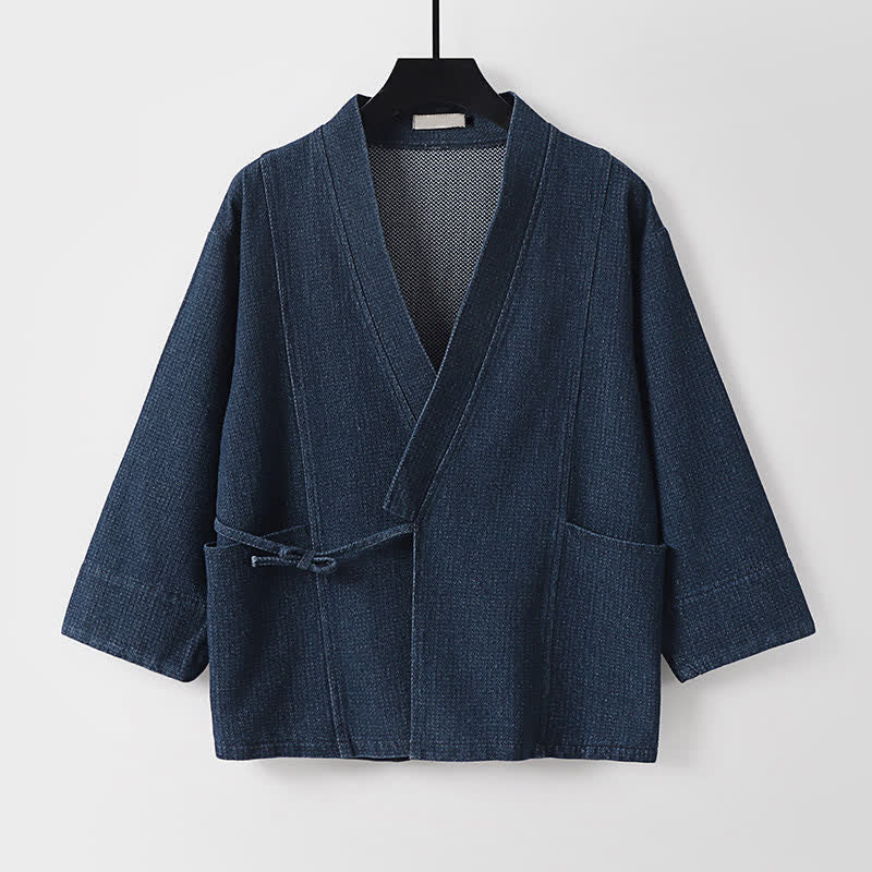 Buddha Stones Kimono de hombre de algodón y lino liso, estilo casual de otoño, minimalista, con cordón ajustable y bolsillo. - image 1