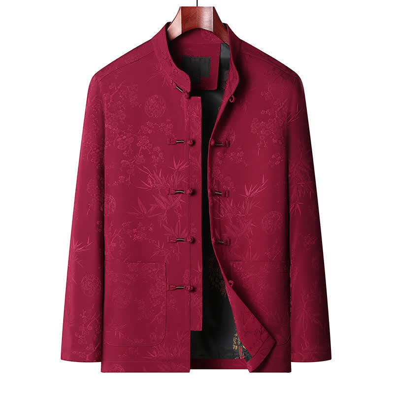 Buddha Stones Tela de meditación para hombre con cuello mandarín vintage, botones de rana y estampado floral, estilo otoño/invierno Tang, con bolsillo. - Top rojo - US/UK/AU44, EU54 (4XL) - image 1