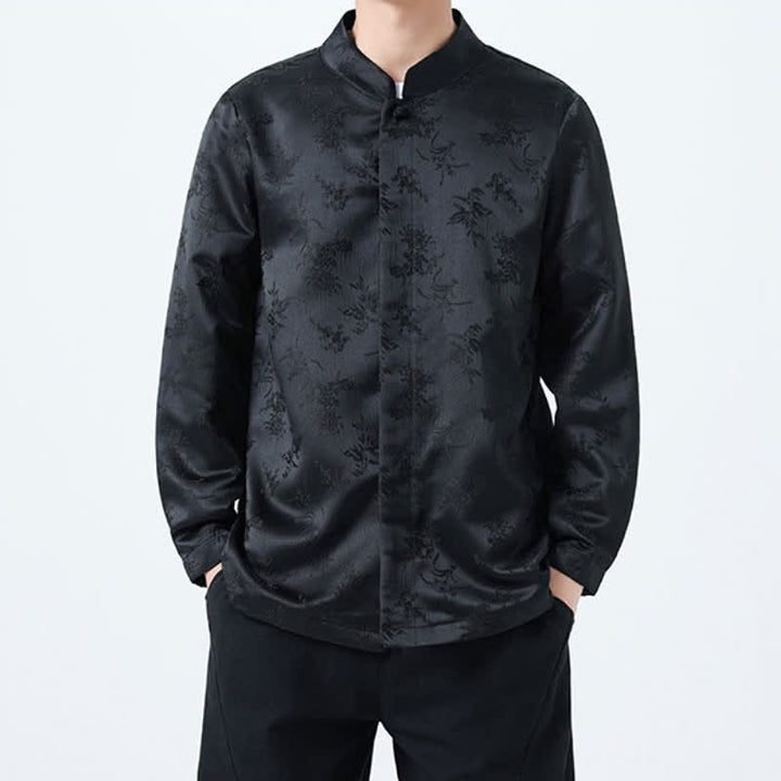 Buddha Stones Camisas de manga larga para hombre con cuello mandarín y estampado floral, estilo vintage de otoño. - image 3