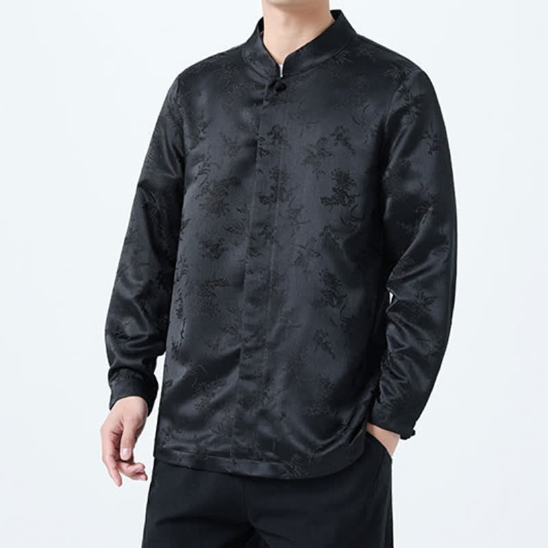 Buddha Stones Camisas de manga larga para hombre con cuello mandarín y estampado floral, estilo vintage de otoño. - image 2