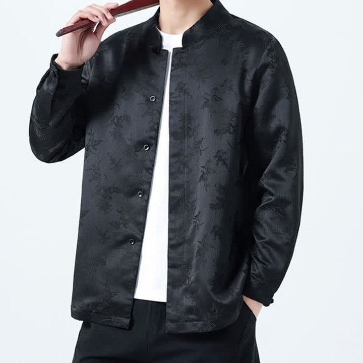 Buddha Stones Camisas de manga larga para hombre con cuello mandarín y estampado floral, estilo vintage de otoño. - image 7