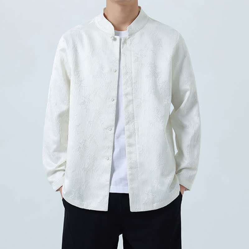 Buddha Stones Camisas de manga larga para hombre con cuello mandarín y estampado floral, estilo vintage de otoño. - image 14