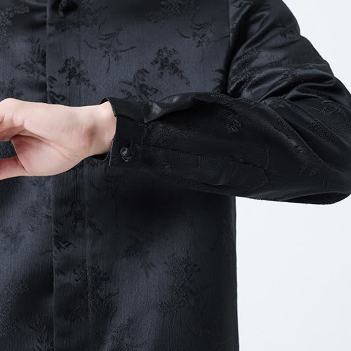 Buddha Stones Camisas de manga larga para hombre con cuello mandarín y estampado floral, estilo vintage de otoño. - image 10
