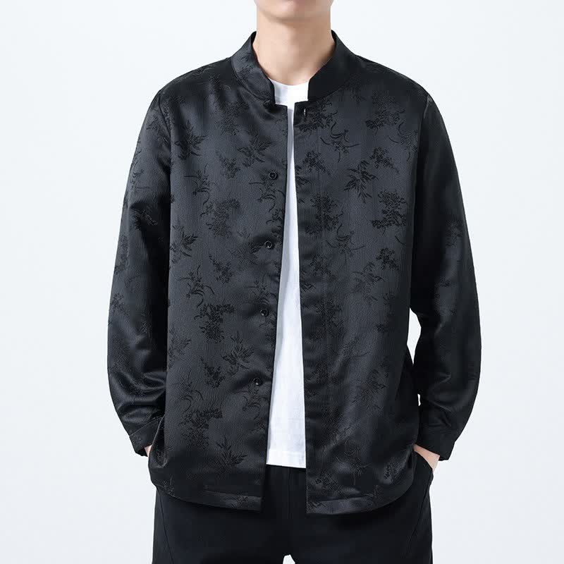 Buddha Stones Camisas de manga larga para hombre con cuello mandarín y estampado floral, estilo vintage de otoño. - image 1