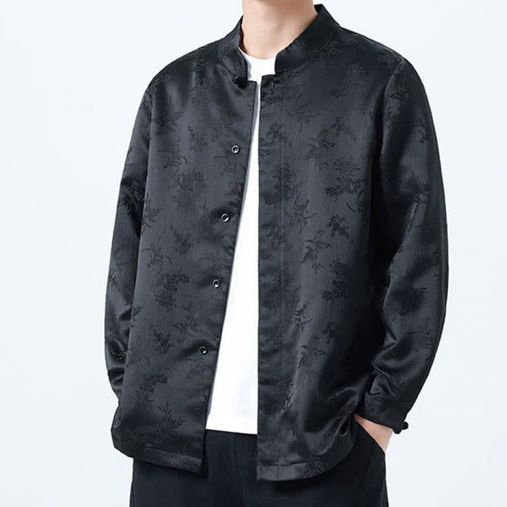 Buddha Stones Camisas de manga larga para hombre con cuello mandarín y estampado floral, estilo vintage de otoño. - image 6