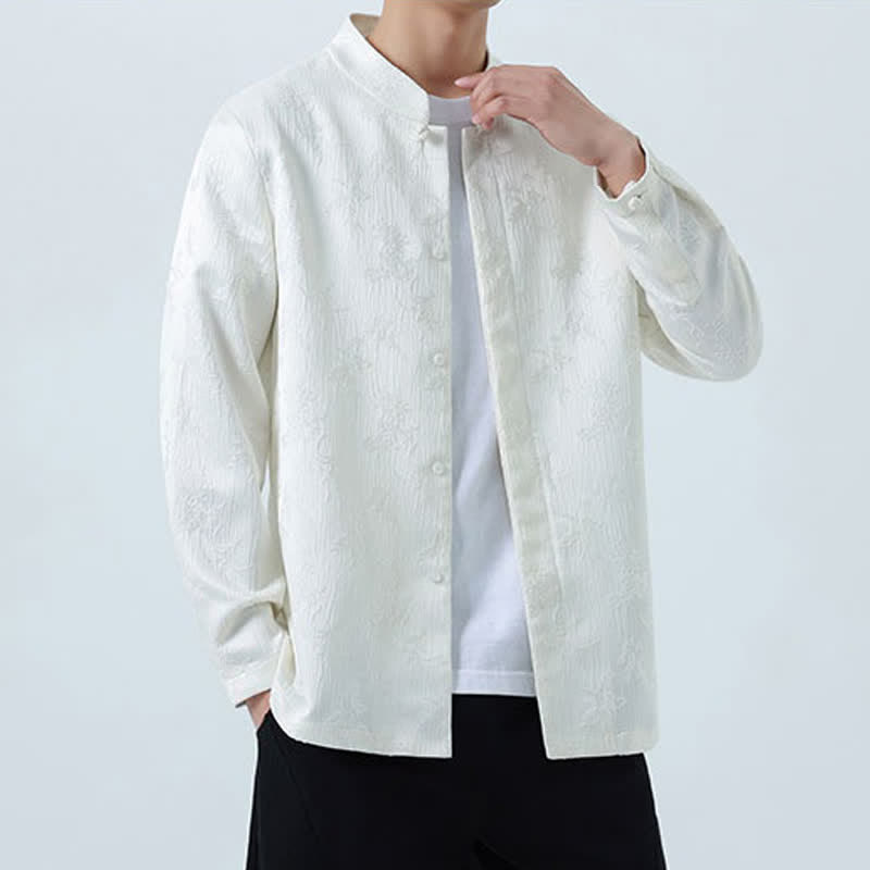 Buddha Stones Camisas de manga larga para hombre con cuello mandarín y estampado floral, estilo vintage de otoño. - image 19