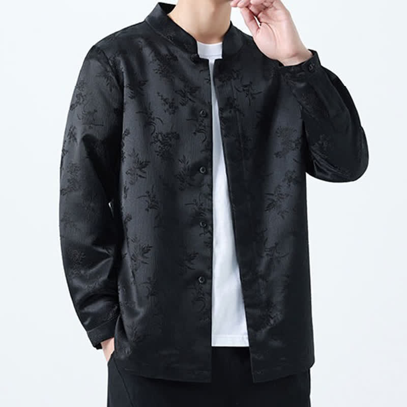 Buddha Stones Camisas de manga larga para hombre con cuello mandarín y estampado floral, estilo vintage de otoño. - image 5