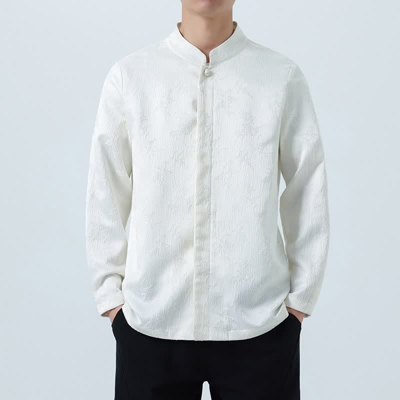 Buddha Stones Camisas de manga larga para hombre con cuello mandarín y estampado floral, estilo vintage de otoño. - Humo blanco - US/UK/AU46, EU56 (5XL) - image 12