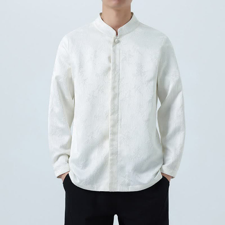 Buddha Stones Camisas de manga larga para hombre con cuello mandarín y estampado floral, estilo vintage de otoño. - Humo blanco - US/UK/AU46, EU56 (5XL) - image 12