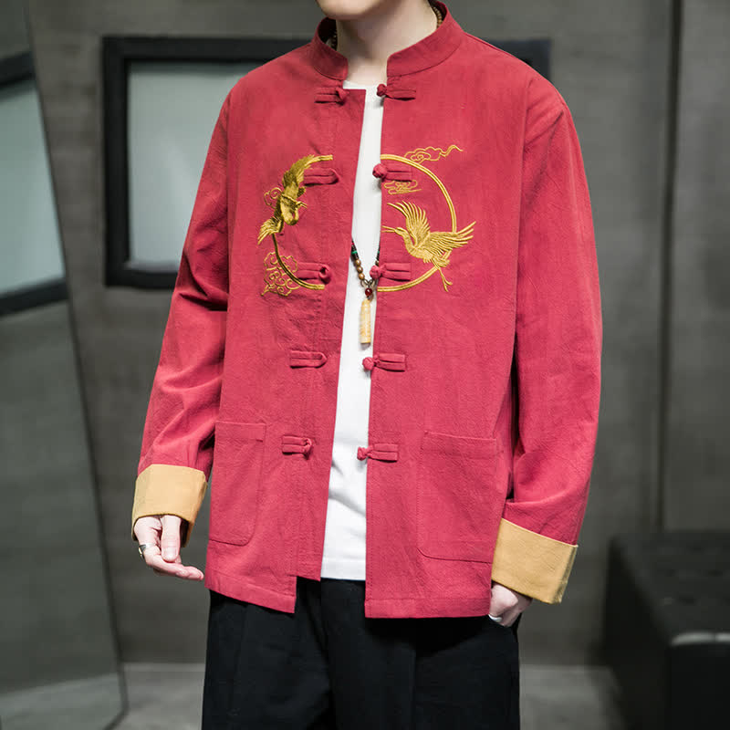 Buddha Stones Chaqueta de algodón para hombre con bolsillos, estilo vintage Tang, con botones de rana, grullas y nubes, ideal para otoño e invierno. - image 1