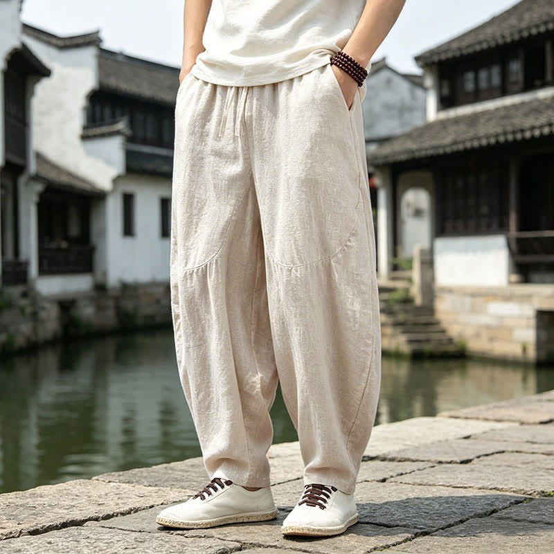Buddha Stones Pantalones cortos casuales vintage de primavera/verano con cordón ajustable, color liso, estilo harem para hombre con bolsillos. - Lino - US/UK/AU46, EU56 (5XL) - image 0